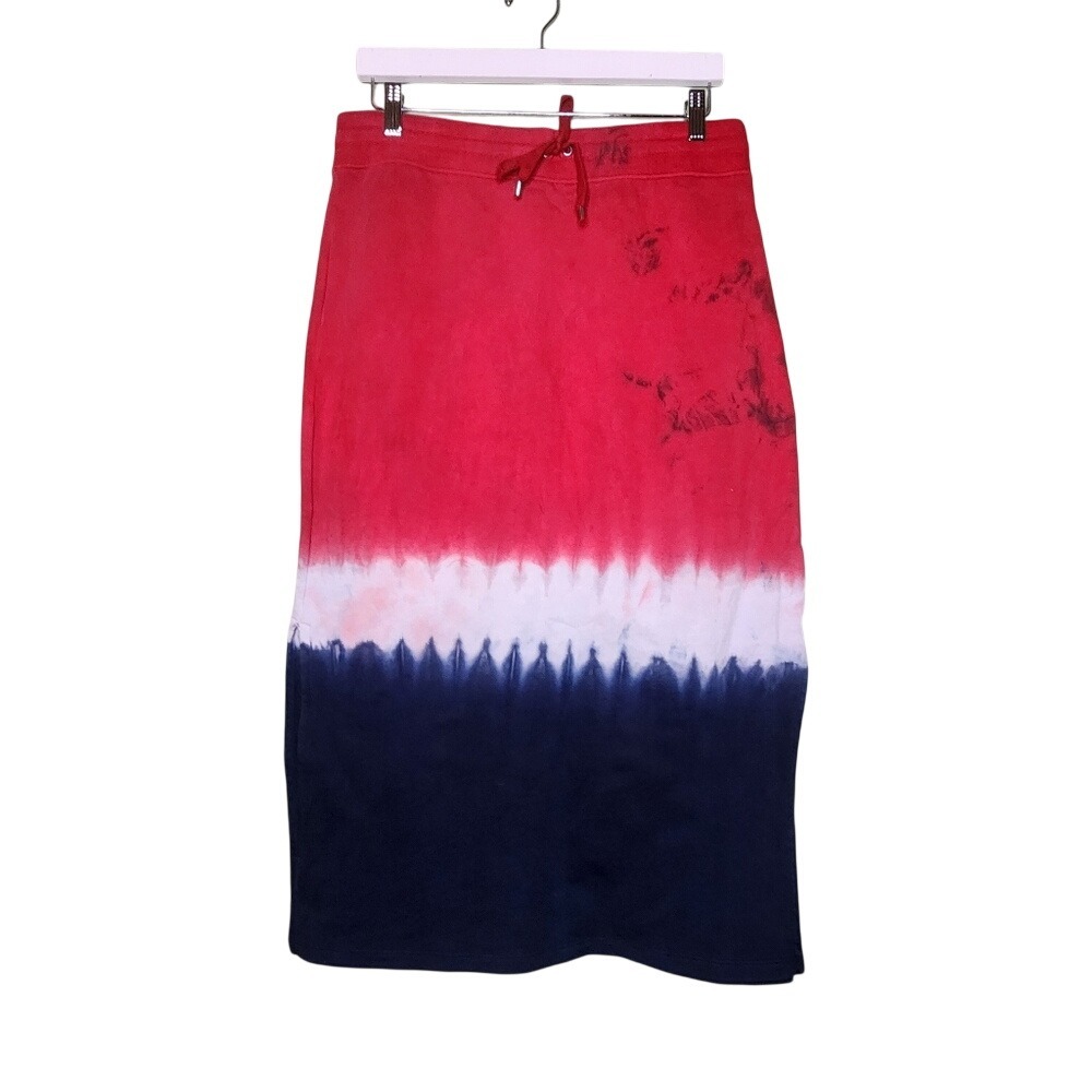 Lauren Ralph Lauren Tie Dye Midi Skirt Red White Blue Cotton Boho L
